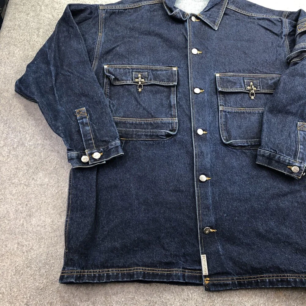 Vintage Trust USA Jacket Mens 2XL Blue Denim Long Button Chore Hong Kong